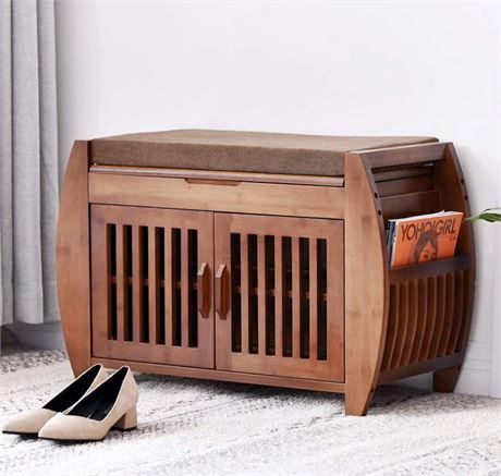 ELECWISH Bamboo Shoe Bench Rack with Removable Cushion, Hidden Storage