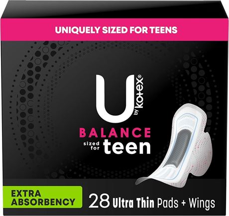 U by Kotex Balance Sized for Teens Ultra Thin with Wings Pads for Women, Extra A