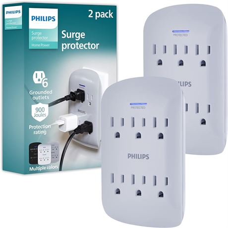 2 Pack Philips 6-Outlet Extender Surge Protector, Wall Tap, 900 Joules, 3-Prong