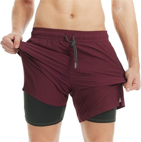SMALL - MaaMgic Mens Swim Trunks with Compression Liner 2 in 1 Swimming Shorts