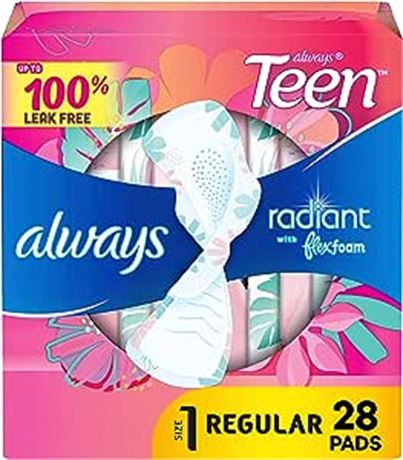 28 Count Always, Teen Radiant With FlexFoam Pads For Women, Size 1, Regular