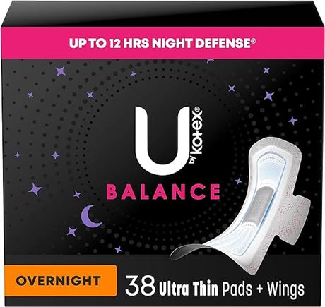 U by Kotex Balance Ultra Thin Overnight Pads with Wings, 38 count