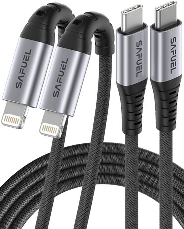 SAFUEL USB C to Lightning Cable, 2Pack 6.6ft [MFi Certified] PD 27W