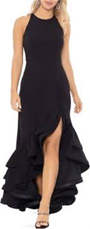US 4 Petite "Arielle" Ruffle Tier Scuba Crepe Dress, Black