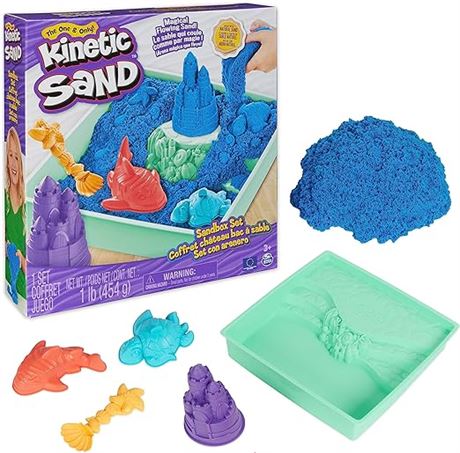 Kinetic Sand Sandbox Set, 1lb Blue Play Sand, Sandbox Storage, 4 Molds and Tools