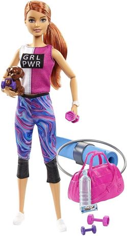 Barbie Fitness Doll, Red-Haired, with Puppy and 9 Accessories,