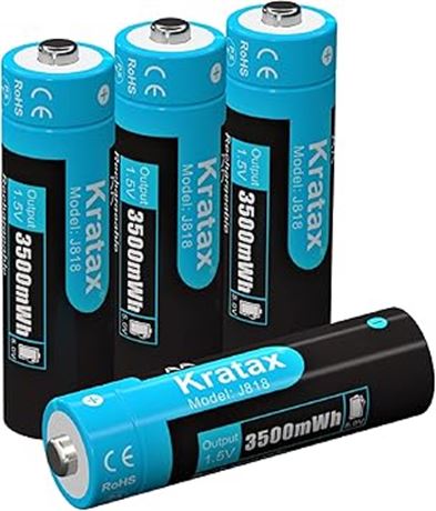 4pk Kratax 1.5V Rechargeable AA Lithium Batteries 4 Pack Upgraded 3500mWh High