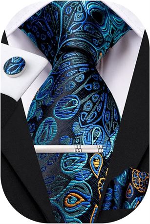 Hi-Tie Silk Mens Tie Set with Pocket Square Cufflinks Silver Tie,Blue Designer