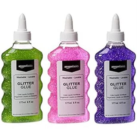 6 oz.  Basics Liquid Washable Glitter Glue, Assorted Colors (Green/Pink/Purple)