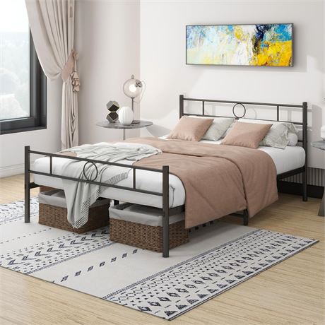 JUISSANO Metal Full Bed Frame with Headboard No Box Spring Needed