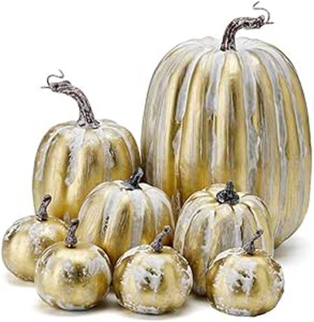 Srutueo 8Piece Assorted Fall Artificial Pumpkins Gold Brushed White Pumpkins