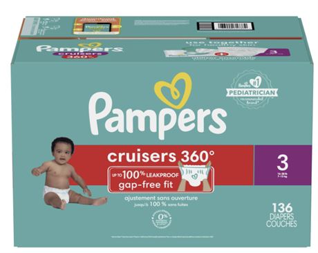 Size 3, 136 Count Pampers Cruisers 360 Diapers