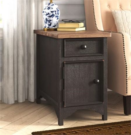 Black Salazar Solid Wood Top End Table with Storage and Built-In Outlets