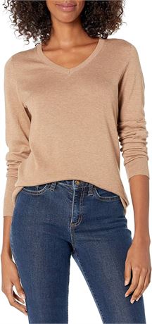 MED - Essentials Womens Lightweight V-Neck Sweater, Camel Heather