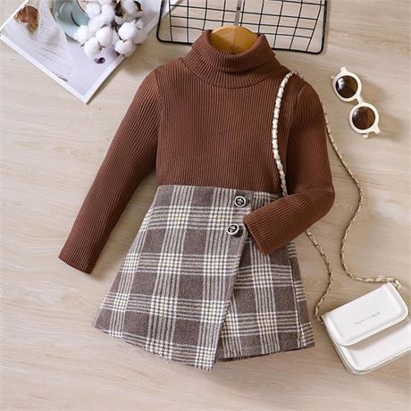 3T-4T Toddler Girl Fall Winter Clothes Turtleneck Knit Pullover Tops Plaid Short