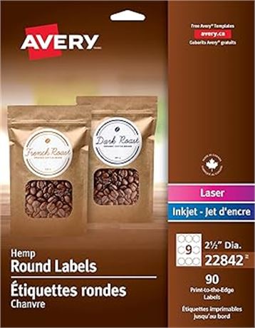 Avery Hemp Round Labels, 2.5" Hemp Fiber Labels, for Laser/Inkjet Printers