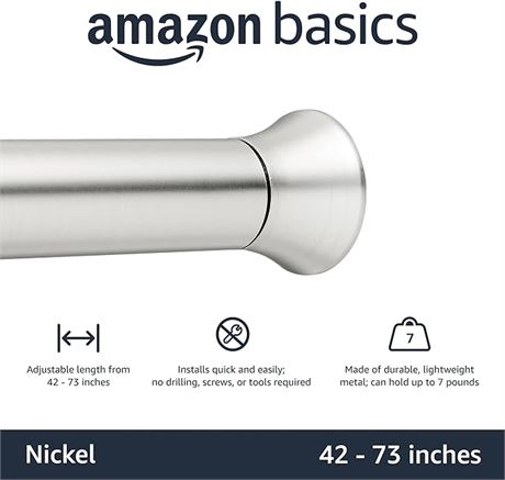 Amazon Basics Adjustable Shower Curtain Tension Curtain Rod - 42" to 73", Nickel