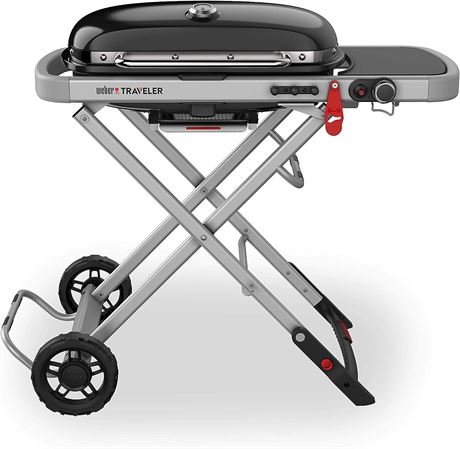 Weber Traveler Gas Grill, Portable Stand-Up Propane BBQ, Black (9010001)