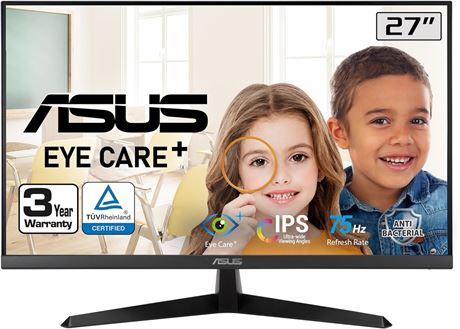 ASUS 27” Eye Care Monitor, 1080P Full HD, 75Hz, IPS, 1ms, Adaptive-Sync/FreeSync