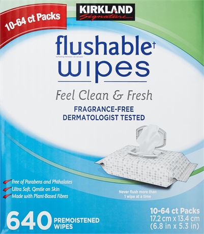 10-64ct Packs Kirkland Signature Moist Flushable Wipes, 640 Wipes Total