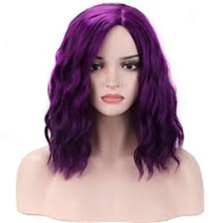 14"  Short Curly Wavy Bob Wig Purple Wig for Women