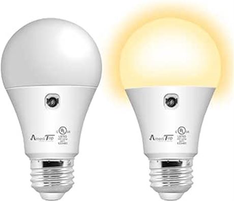 Dusk to Dawn Light Bulb- 2 Pack, AmeriTop A19 LED Sensor Light Bulbs; UL Listed