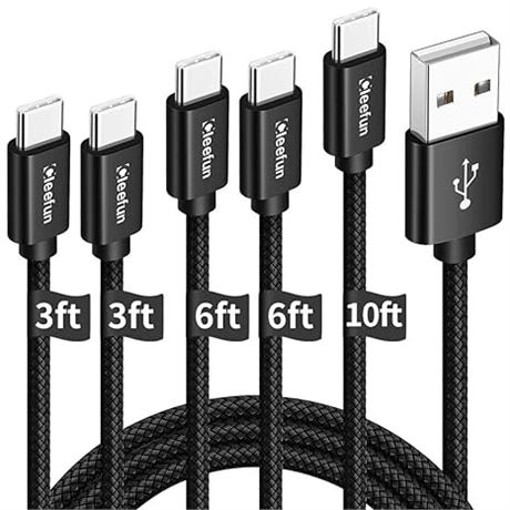 5-Pack, 3/3/6/6/10 ft CLEEFUN Type C Cable Fast Charge, Black