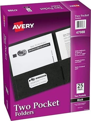 Avery Two Pocket Folders, Holds up to 40 Sheets, Business Card Slot, 25 Black
