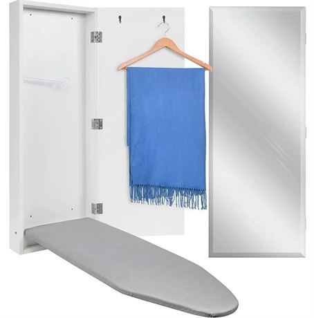 Ivation Wall-Mounted Ironing Board, Iron Board W/Cabinet Door and Mirror, White