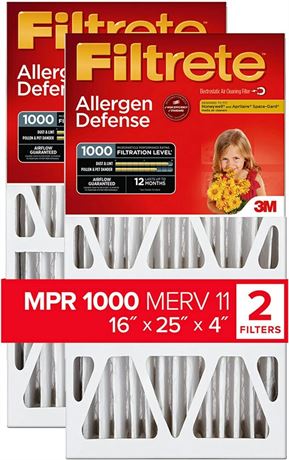 Filtrete 16x25x4 Air Filter, MPR 1000, MERV 11, Allergen Defense 12-Month Deep