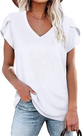 MED - WNEEDU Summer T Shirts for Women Loose Fit Short Petal Sleeve Tops V Neck