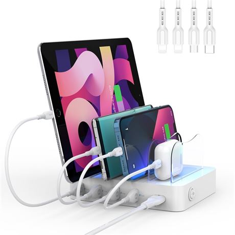 SooPii Charging Station, 4-Port Charger Station with 4 Mixed Charging Cables