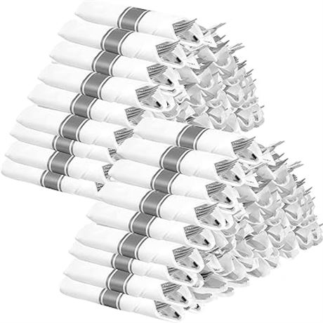 Pre Rolled Napkin and Cutlery Set - 60 Pack Silver