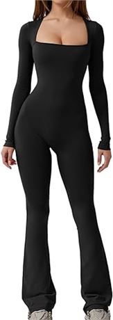 XL - QINSEN Jumpsuits for Women Square Neck Wide Leg Full Length Romper Playsuit