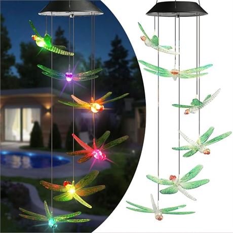 Toodour Solar Wind Chimes Dragonfly, Color Changing Solar Lights Outdoor
