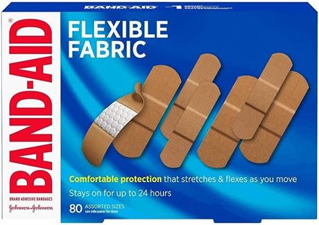 Band Aid Flexible Fabric Adhesive Bandages, Assorted Sizes Value Pack, 80 Bandag