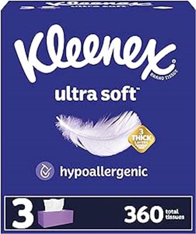 Kleenex Ultra Soft Facial Tissues, 3-Ply, Hypoallergenic, 3 Flat Boxes, 120