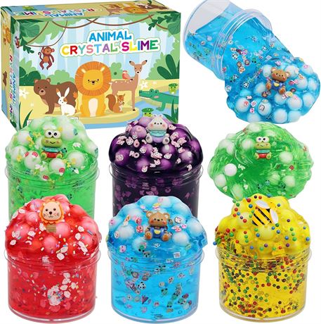 5 Pack Crystal Clear Slime Kit, Crunchy Slime with Colorful Add-ins (Animals)