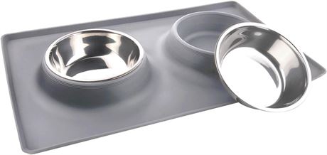 LRG - (Square, Grey) Dog Bowls with Silicone Mat, Dog Food Mat