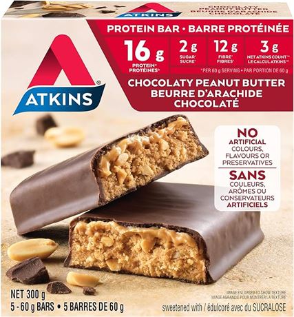 5x66g Atkins Protein Bars - Chocolaty Peanut Butter, Low Sugar, Keto Friendly