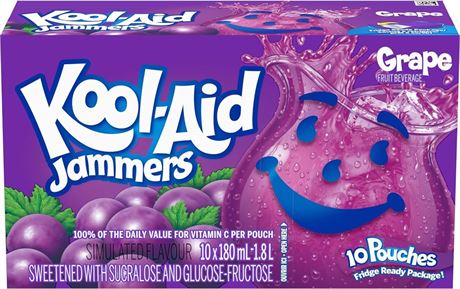 Kool-Aid Jammers Grape, 180ML Pouch, 40 Count (4 Boxes of 10 Pouches)