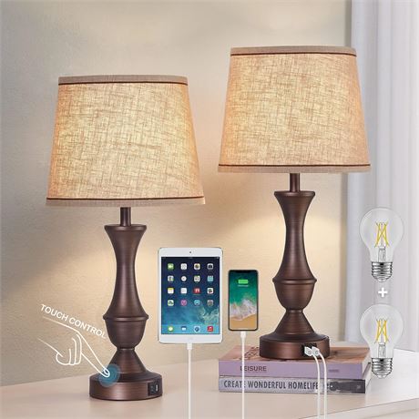 Table Lamps for Bedrooms Set of 2, Touch Bedside Lamps with USB Charging Ports
