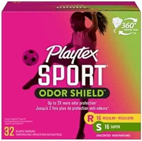 Playtex Sport Odor Shield Tampon, regular & Super Absorbency, Multi-pack 32CT