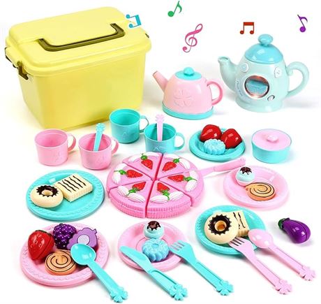 CUTE STONE Kitchen Toy Tea Sets for Kids, Tea Party Toy w/ Light