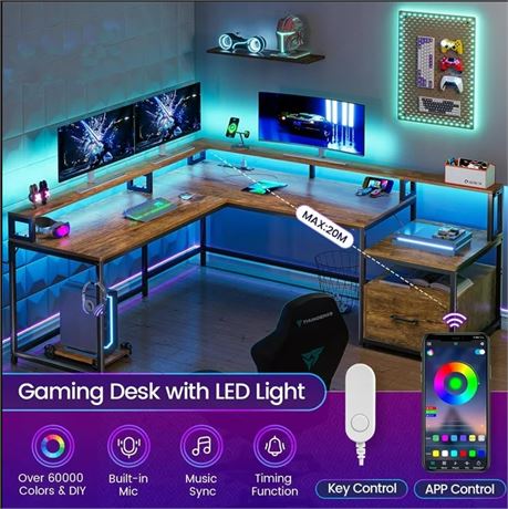 L Shaped Desk with LED Lights and Hutch and Power Outlet for Home Office