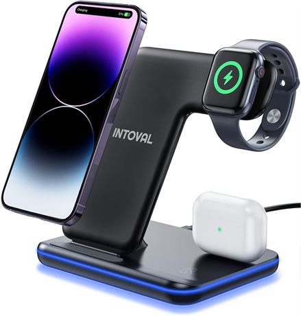 Intoval Wireless Charger, 3 in 1 Charger for iPhone/iWatch/Airpods, Qi-Certified
