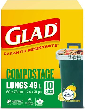 Glad 100% Compostable Bags - Tall 49 Litres - Lemon scent, 10 Food Compost Bags
