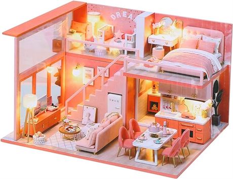 Dollhouse Miniature with Furniture, DIY Dollhouse Kit with LED Lights Furniture
