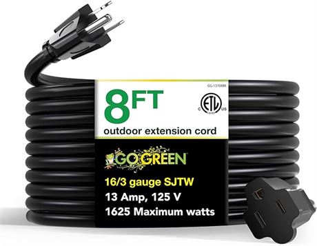 Go Green Power GG-13708BK Go Green Power 16/3 SJTW Outdoor Extension Cord, 8'