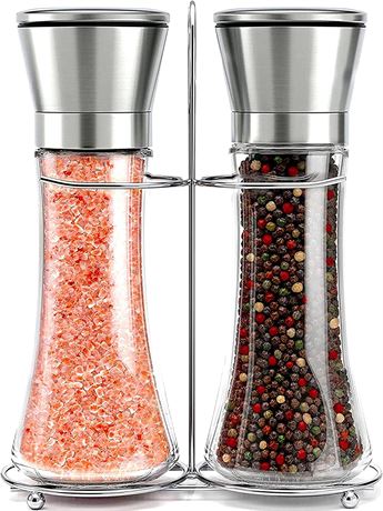 2 Pack Salt and Pepper Grinder Set, Stainless Steel Set, Salt Shakers with Stand